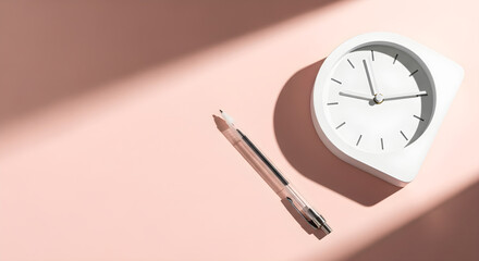 White analog alarm clock and clear ballpoint pen on a pink surface with diagonal light shadows