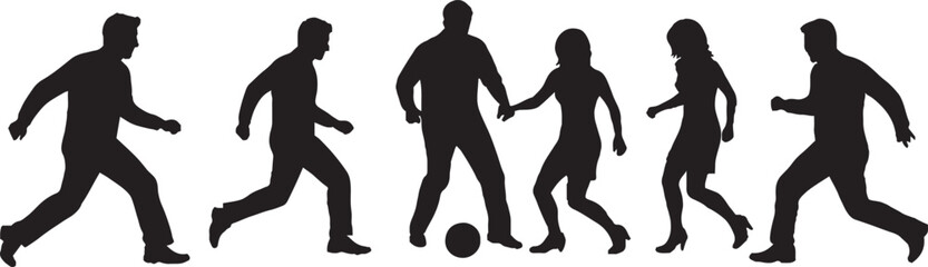 Dynamic People Silhouettes Walking Playing Soccer and Couple Holding Hands Vector