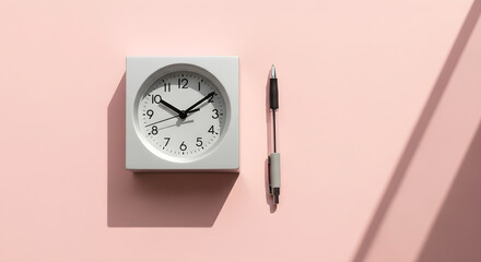 White square alarm clock and black pen on pink surface with diagonal light shadows