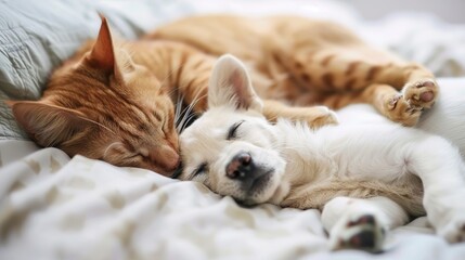 Obraz premium Cats and Dogs Sleeping Images, capturing warm moments of cats and dogs sleeping together, including scenes of cats and dogs cuddling to sleep on the sofa, snuggling in pet beds, and sleeping lazily on