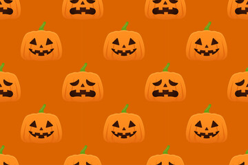 Seamless trapezoid pumpkin pattern with happy and sad faces on orange background. Perfect for Halloween decor, party invitations, and digital designs.