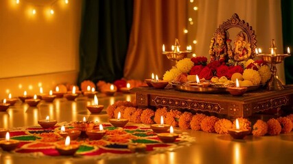 Traditional Diwali festival celebration with lit clay oil lamps. Hindu puja setup with Ganesha and Lakshmi idols, flowers, and sweets.