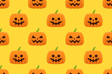 Vector seamless pattern of trapezoid pumpkins with smiling faces on yellow background. Perfect for cheerful Halloween crafts and digital prints.