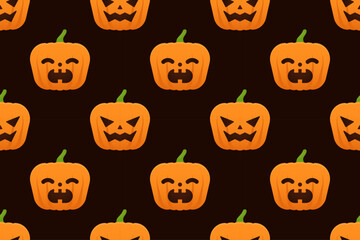 Vector seamless pattern of trapezoid pumpkins with laughing and angry faces on dark background. Ideal for posters, Halloween party, and spooky prints.