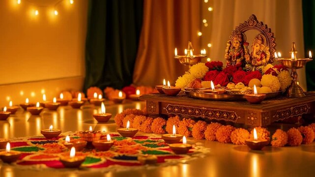 Traditional Diwali festival celebration with lit clay oil lamps. Hindu puja setup with Ganesha and Lakshmi idols, flowers, and sweets.