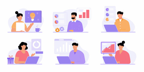 Diverse group of people working on laptops and presenting data charts and graphs in a modern flat illustration style