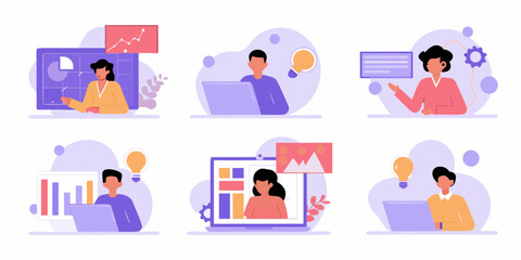 Diverse professionals collaborating and presenting data insights using laptops and charts in a modern flat illustration style