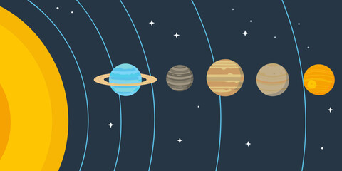Stylized illustration of the solar system with the sun and planets in orbit against a dark starry background © Partha