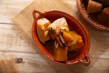 Calabaza en Tacha. Spiced Candied Pumpkin. Mexican dessert whose main ingredients are pumpkin and piloncillo, also known as Chacualole or Dulce de Calabaza, widely used in Day of the Dead offerings.