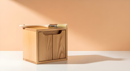 A wooden cube storage unit with two doors and a paint brush resting on top with shadow cast on a peach
