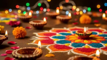 Vibrant colorful rangoli with lit clay diya lamps and flowers for the Indian festival of lights, Diwali celebration. - Powered by Adobe
