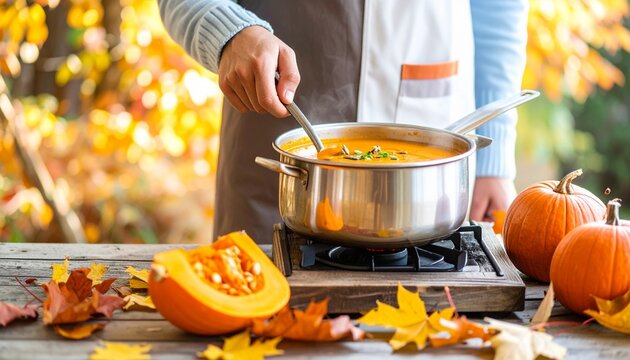 Person stirring hot pumpkin soup in stainless pot with autumn leaves and fresh pumpkins around, cozy seasonal cooking concept for fall, Thanksgiving and healthy homemade food. - Powered by Adobe