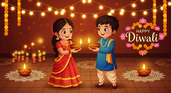 Happy Diwali! Cartoon Kids Celebrating with Diyas