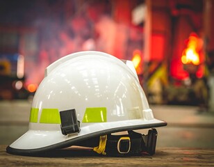 White safety helmet on wooden surface in industrial setting