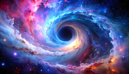 Colorful swirling nebula surrounding a black hole