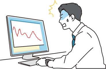 グラフの下降線を見てショックをうけるビジネスマンのイラスト素材