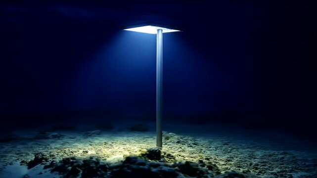 A solitary underwater light post illuminates a mysterious seabed.