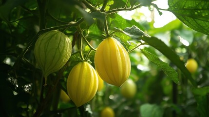 Ripe yellow naranjilla fruits hang amongst green leaves on the vine. Use this image for agriculture, fresh food, or gardening concepts.