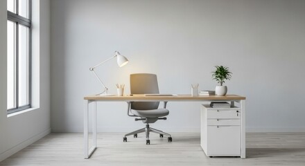 Modern Minimalist Home Office Interior with Light Wood Desk, Ergonomic Chair, and Natural Light