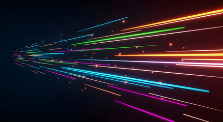 Vibrant streaks of light accelerating through a dark digital tunnel, symbolizing high-speed data transmission, technological progress, and future connectivity