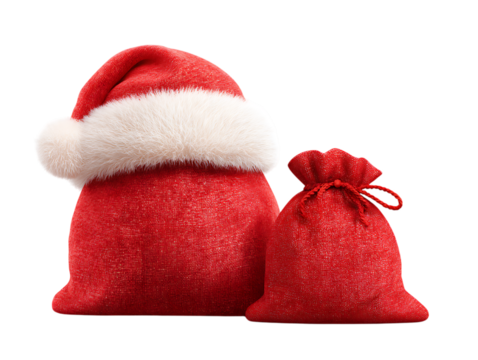 Red santa hat and gift bag isolated on transparent background for christmas holiday.