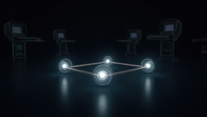 A glowing network design, surrounded by out-lined computer consoles, creates a futuristic technology scene.