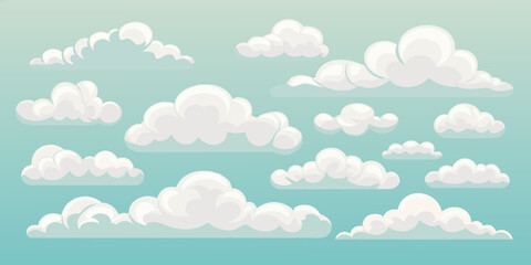 Collection of fluffy white cartoon clouds scattered across a soft blue sky background