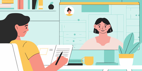 Young woman attending an online meeting with an older woman on a laptop screen