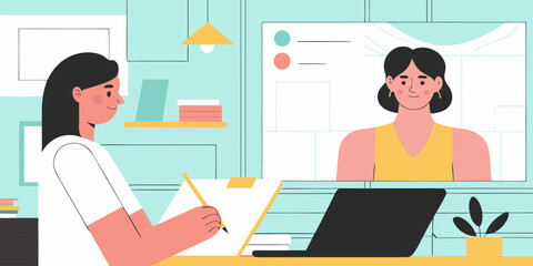 Two women having a video conference call while working from home or office
