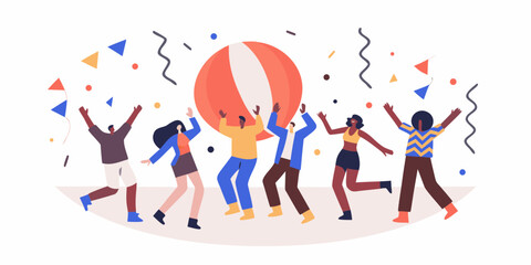 Diverse group of people celebrating and dancing with a large beach ball and confetti