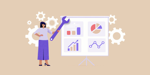 Woman holding a wrench pointing at a presentation board with various charts and graphs and gears in the background