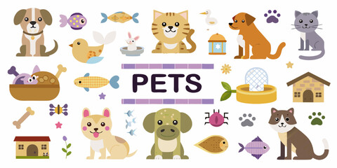 Collection of cute cartoon pets and pet related items with the word pets in the center