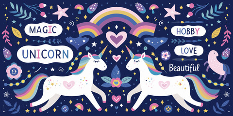 Whimsical illustration of two magical unicorns with rainbow manes and tails surrounded by stars and hearts