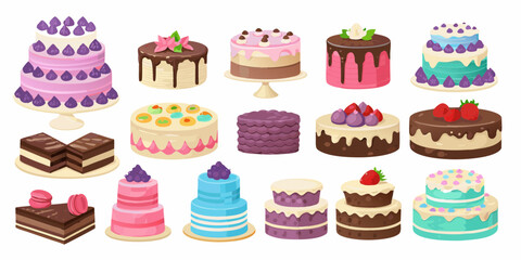 Collection of colorful and delicious cakes and desserts for celebrations and parties