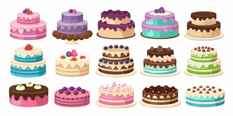 Collection of delicious and colorful layered cakes decorated with fruits and cream