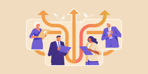 Diverse business professionals collaborating and charting upward growth paths with arrows and documents