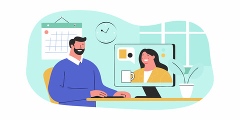 Man and woman having a video call meeting while working from home or office