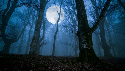 Misty forest at night under a large moon