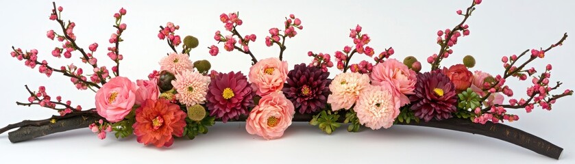 Obraz premium Colorful floral arrangement with pink and red flowers on a white background.