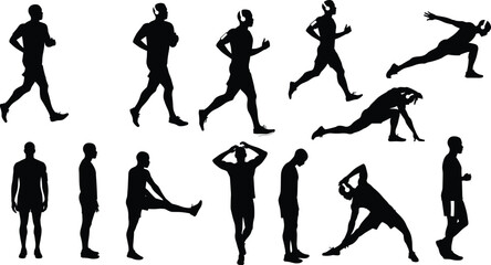 Jogging running man silhouette set, fitness stretching workout poses, black vector illustration, athlete training collection for exercise, health lifestyle, sport activity design artwork