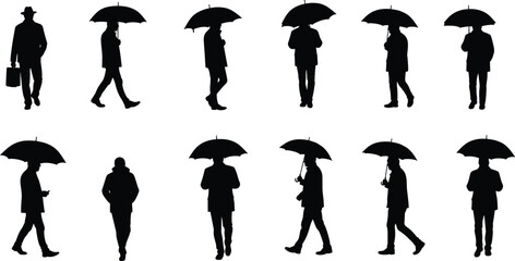 Silhouette people with umbrella set, walking standing posing in rain, black vector collection, city lifestyle illustration for weather, business, fashion, seasonal design artwork