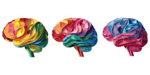 Colorful human brain in origami paper cut concept. Colorful brain illustrations representing creativity and thoughts.