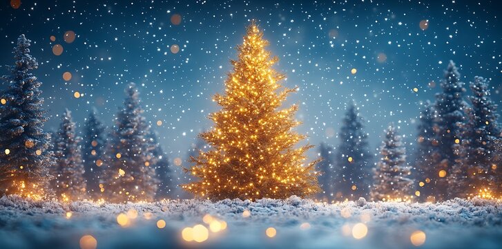 Golden Christmas tree illuminated in snowy forest at night with falling snow golden lights - Powered by Adobe
