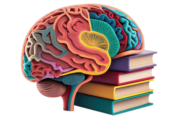Brain and stack of books science concept. Colorful brain sculpture over a stack of books representing knowledge.