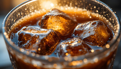 Cold Cola with Ice Cubes and Bubbles &ndash; Refreshing Carbonated Drink Close-Up