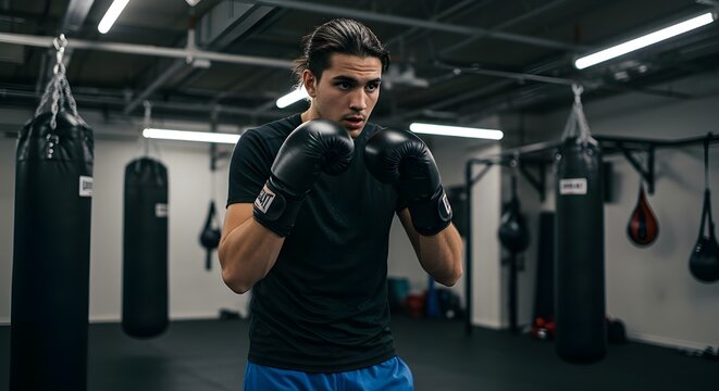 Person training boxing, punching bag practice, fitness and strength concept, indoor gym workout.