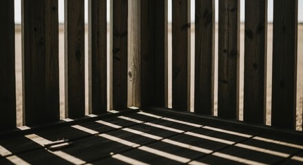 Fototapeta premium Wooden fence casting striped light and shadow pattern on the floor