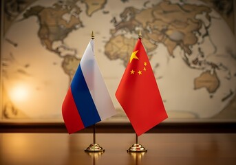 Two national flags of Russia and China displayed on a table during an international political summit meeting