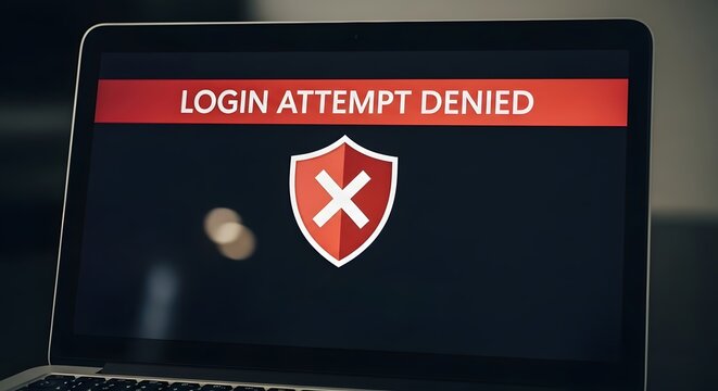 Login attempt failed on a laptop with red alert. Security warning due to incorrect credentials, indicating an unauthorized access attempt. - Powered by Adobe
