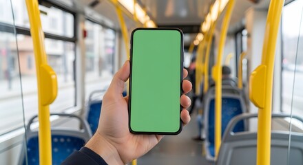A commuter riding public transit uses a phone with a green screen display to watch movies or scroll through social media during the trip.